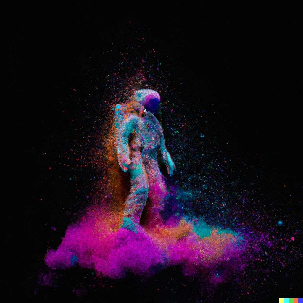 an astronaut, made from a burst of colored powder, digital art